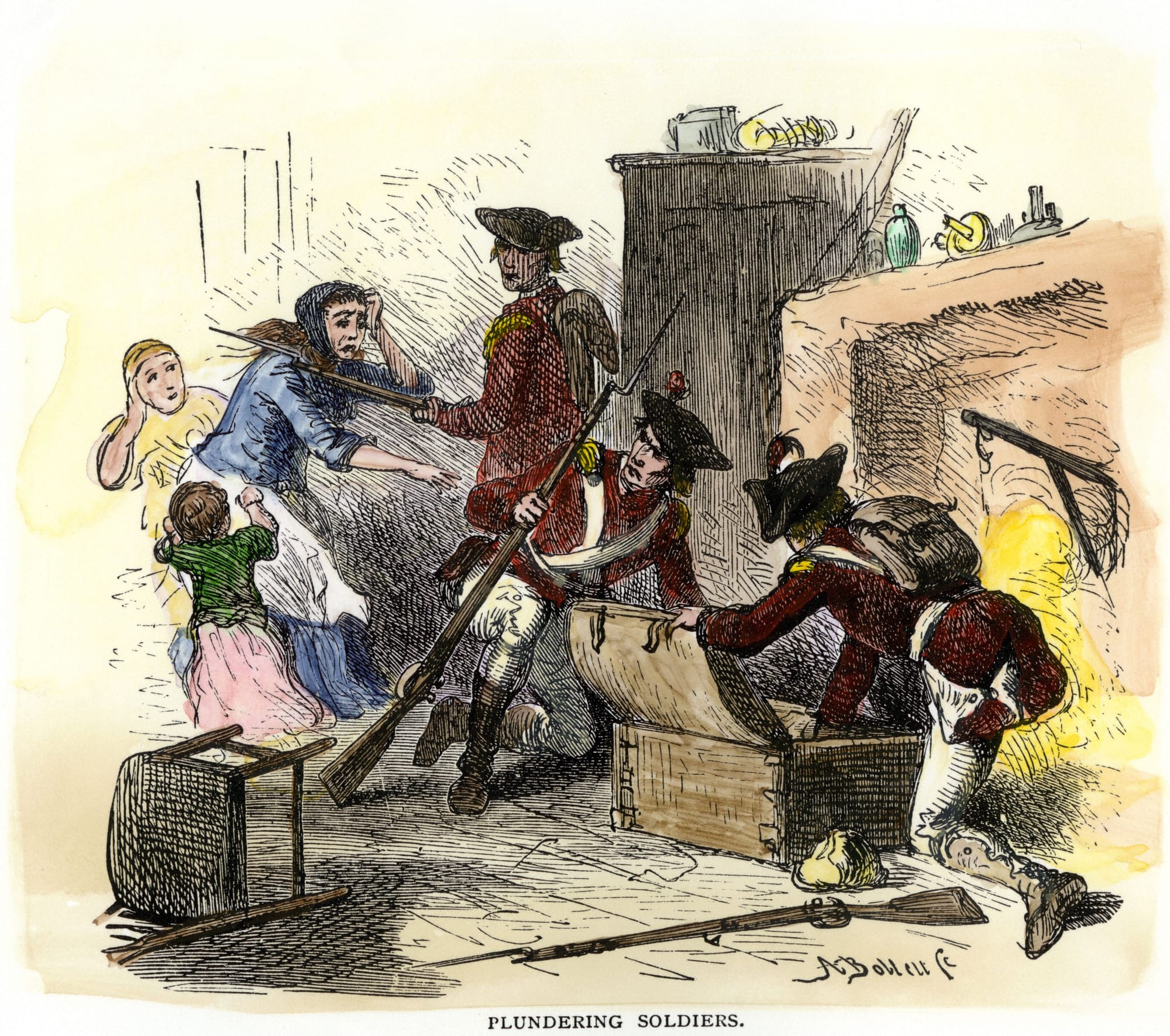 colonial era illustration of British soldiers looting a home under the guise of a search